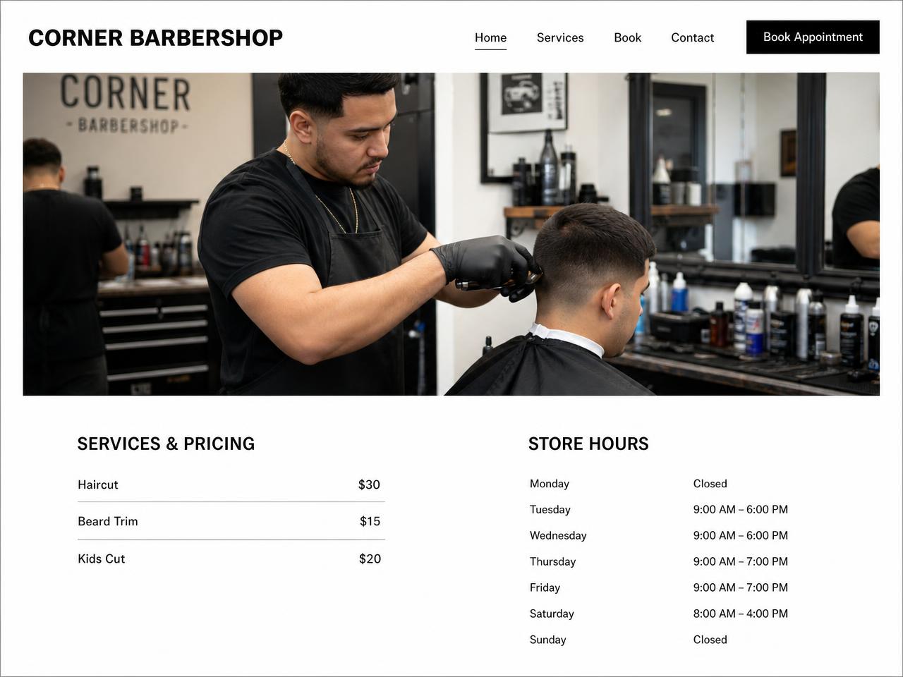 Corner Barbershop sample website concept designed by Lendova Digital