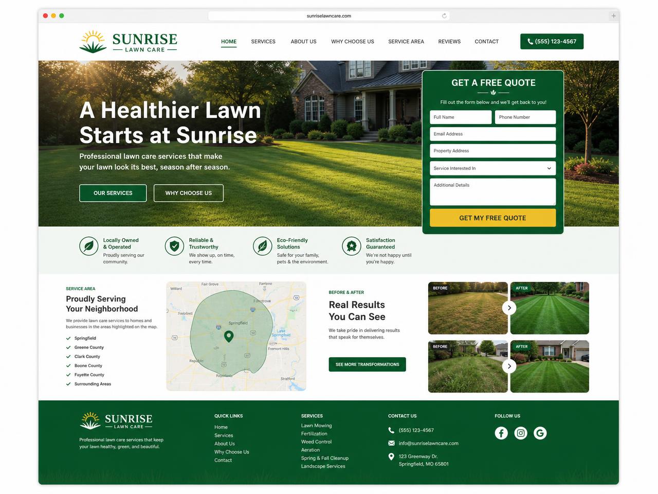 Sunrise Lawn Care sample website concept designed by Lendova Digital